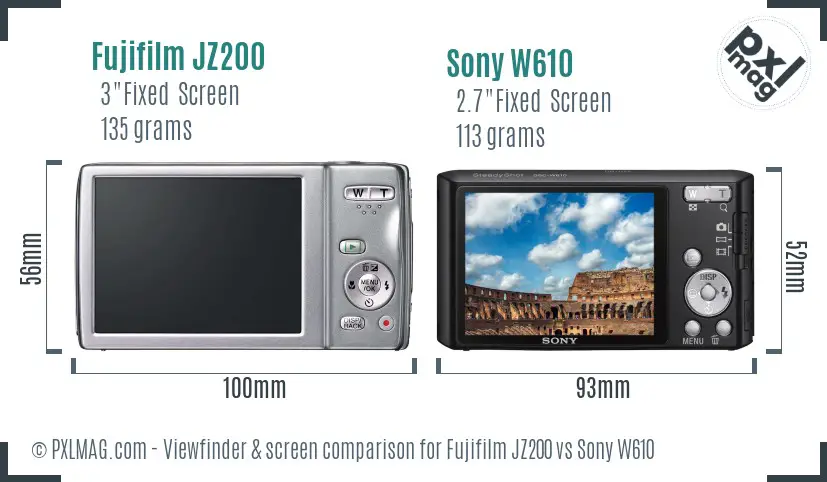 Fujifilm JZ200 vs Sony W610 Screen and Viewfinder comparison