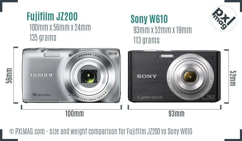 Fujifilm JZ200 vs Sony W610 size comparison