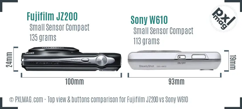 Fujifilm JZ200 vs Sony W610 top view buttons comparison