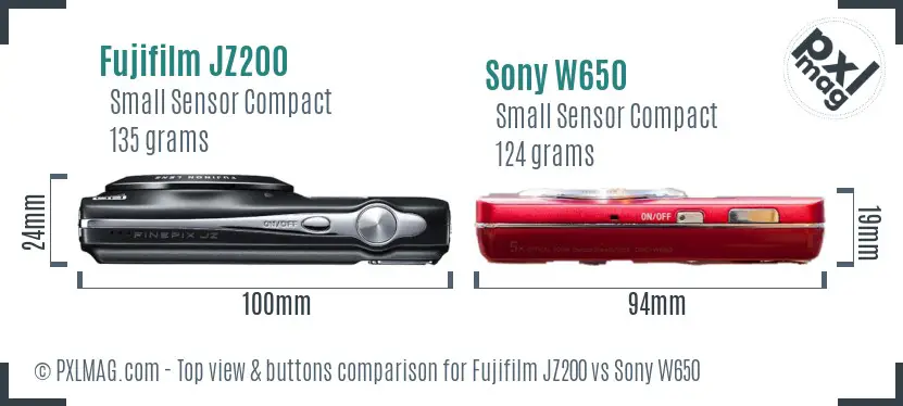 Fujifilm JZ200 vs Sony W650 top view buttons comparison Fujifilm JZ200 vs Sony W650 top view buttons comparison