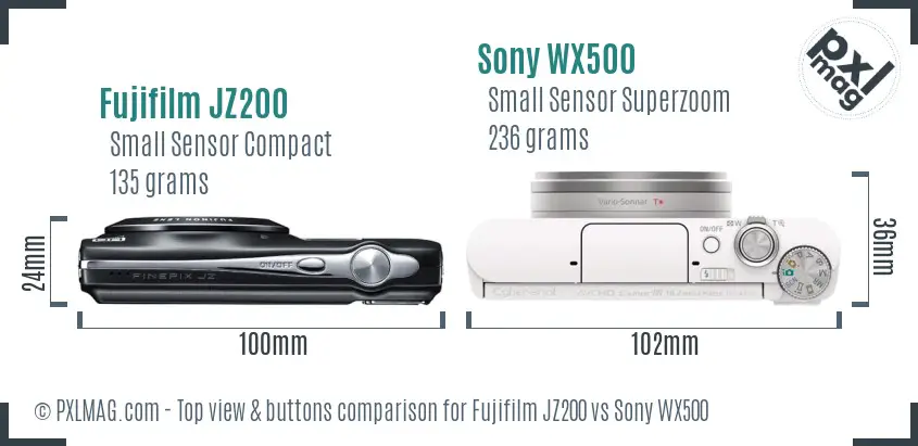 Fujifilm JZ200 vs Sony WX500 top view buttons comparison Fujifilm JZ200 vs Sony WX500 top view buttons comparison