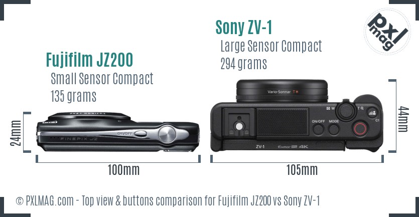 Fujifilm JZ200 vs Sony ZV-1 top view buttons comparison