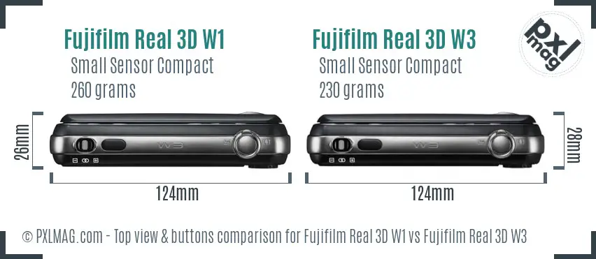 Fujifilm Real 3D W1 vs Fujifilm Real 3D W3 top view buttons comparison