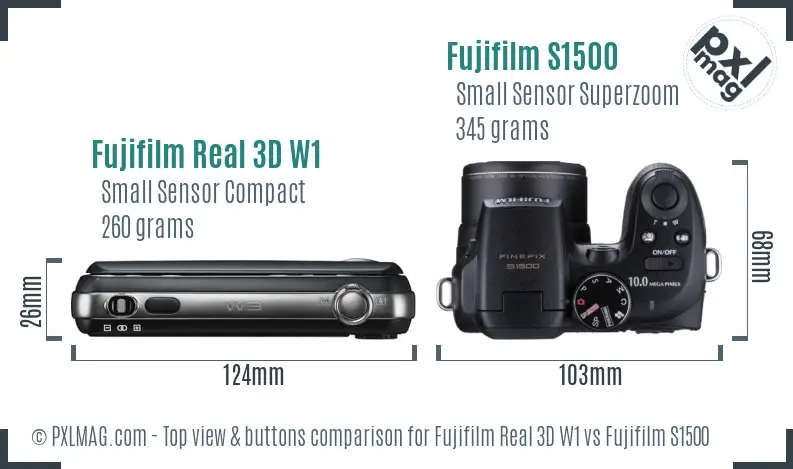 Fujifilm Real 3D W1 vs Fujifilm S1500 top view buttons comparison