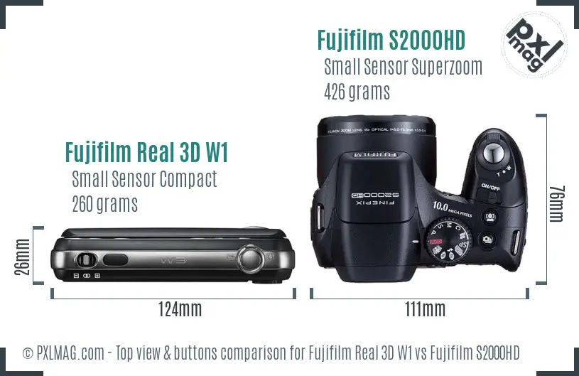 Fujifilm Real 3D W1 vs Fujifilm S2000HD top view buttons comparison