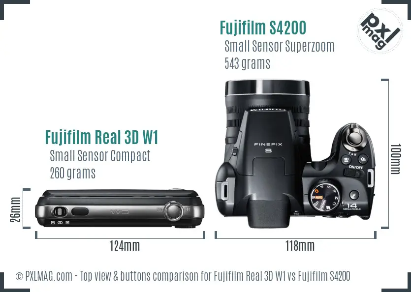 Fujifilm Real 3D W1 vs Fujifilm S4200 top view buttons comparison