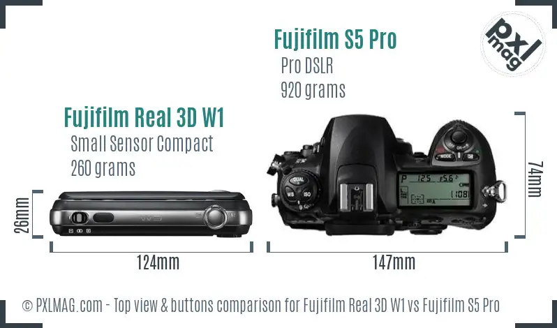 Fujifilm Real 3D W1 vs Fujifilm S5 Pro top view buttons comparison Fujifilm Real 3D W1 vs Fujifilm S5 Pro top view buttons comparison