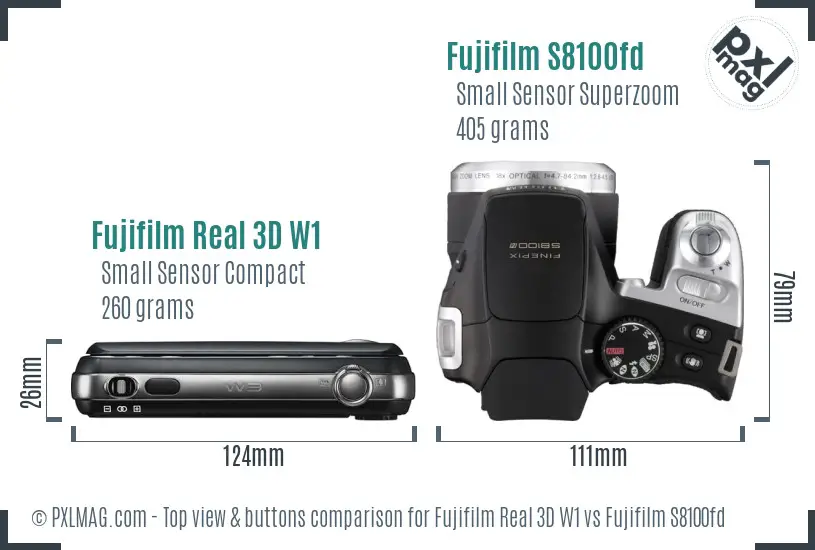 Fujifilm Real 3D W1 vs Fujifilm S8100fd top view buttons comparison