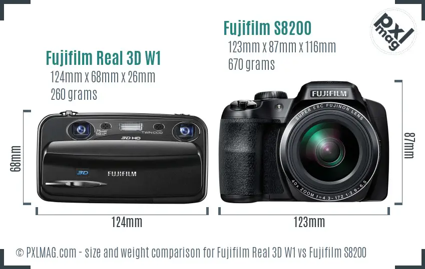 Fujifilm Real 3D W1 vs Fujifilm S8200 size comparison Fujifilm Real 3D W1 vs Fujifilm S8200 size comparison