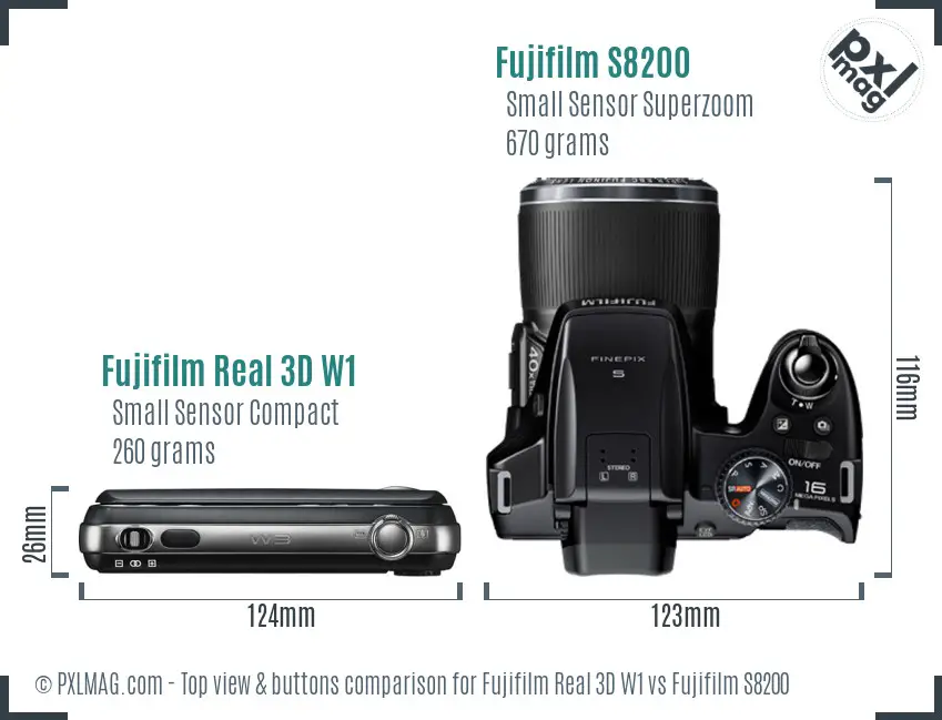 Fujifilm Real 3D W1 vs Fujifilm S8200 top view buttons comparison Fujifilm Real 3D W1 vs Fujifilm S8200 top view buttons comparison