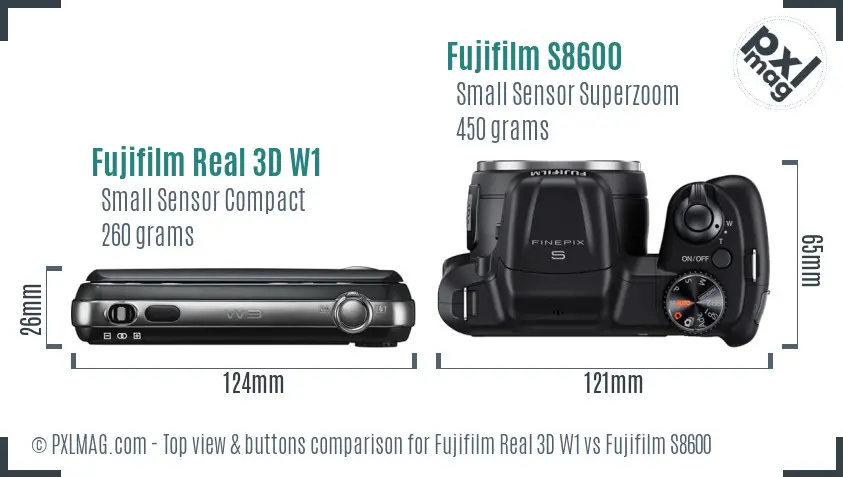 Fujifilm Real 3D W1 vs Fujifilm S8600 top view buttons comparison