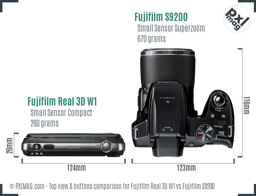 Fujifilm Real 3D W1 vs Fujifilm S9200 top view buttons comparison