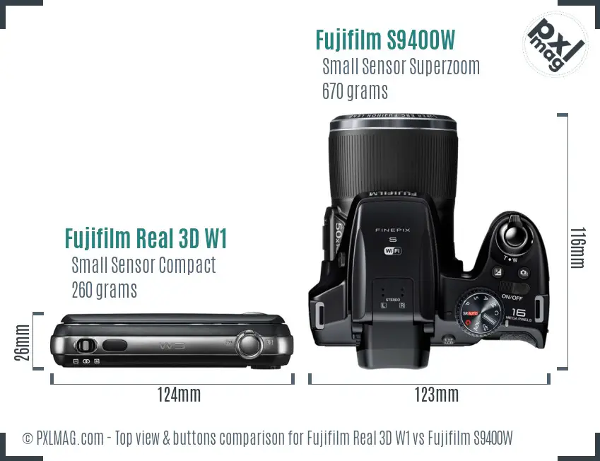 Fujifilm Real 3D W1 vs Fujifilm S9400W top view buttons comparison