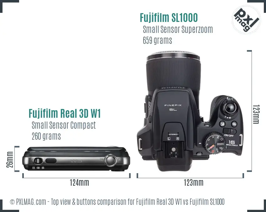 Fujifilm Real 3D W1 vs Fujifilm SL1000 top view buttons comparison