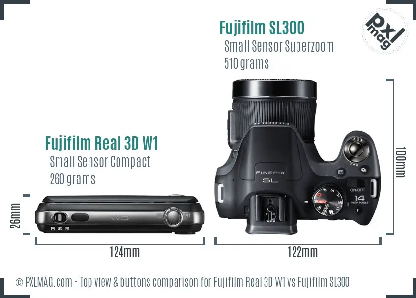 Fujifilm Real 3D W1 vs Fujifilm SL300 top view buttons comparison