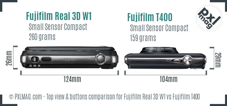 Fujifilm Real 3D W1 vs Fujifilm T400 top view buttons comparison