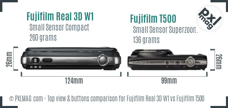 Fujifilm Real 3D W1 vs Fujifilm T500 top view buttons comparison