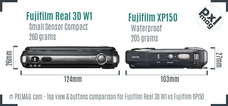 Fujifilm Real 3D W1 vs Fujifilm XP150 top view buttons comparison