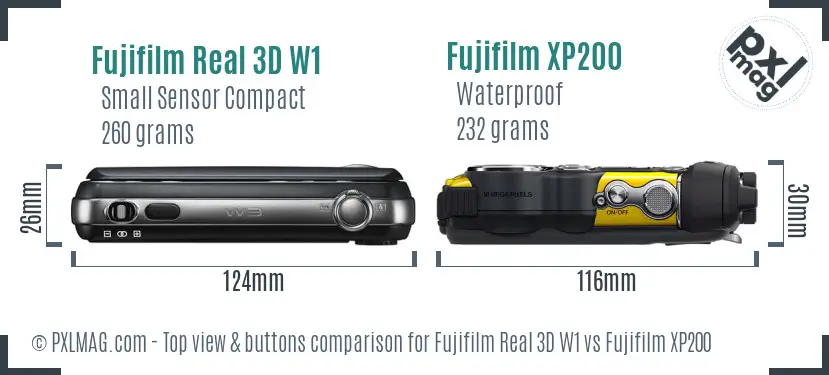 Fujifilm Real 3D W1 vs Fujifilm XP200 top view buttons comparison