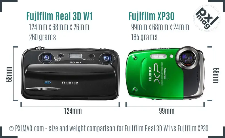 Fujifilm Real 3D W1 vs Fujifilm XP30 size comparison