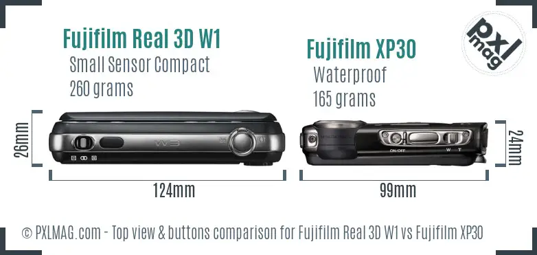 Fujifilm Real 3D W1 vs Fujifilm XP30 top view buttons comparison