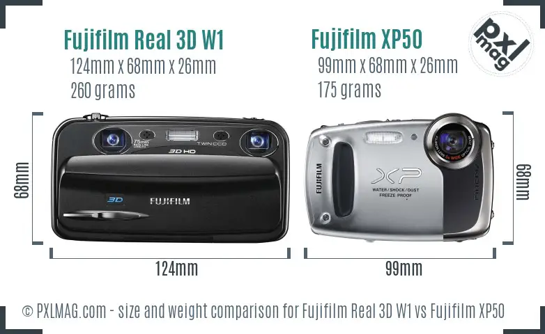 Fujifilm Real 3D W1 vs Fujifilm XP50 size comparison
