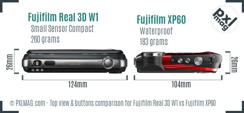 Fujifilm Real 3D W1 vs Fujifilm XP60 top view buttons comparison