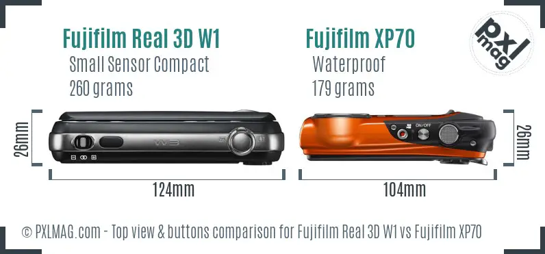 Fujifilm Real 3D W1 vs Fujifilm XP70 top view buttons comparison