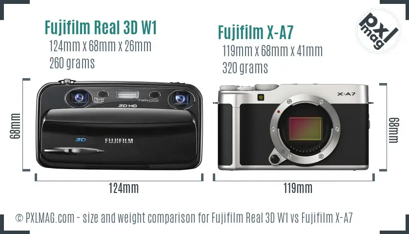 Fujifilm Real 3D W1 vs Fujifilm X-A7 size comparison