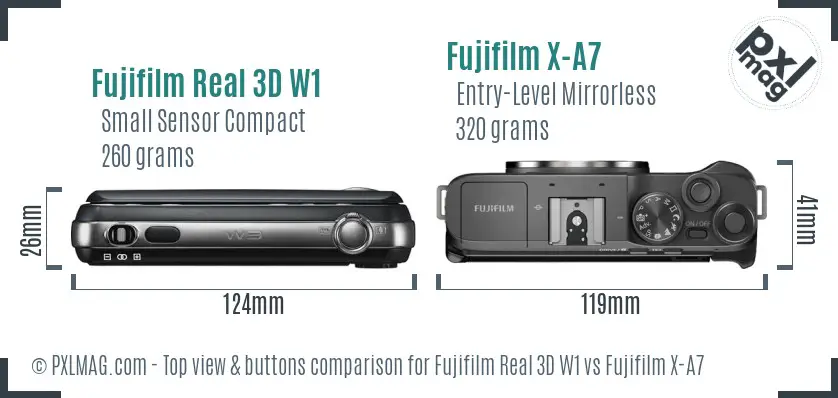 Fujifilm Real 3D W1 vs Fujifilm X-A7 top view buttons comparison