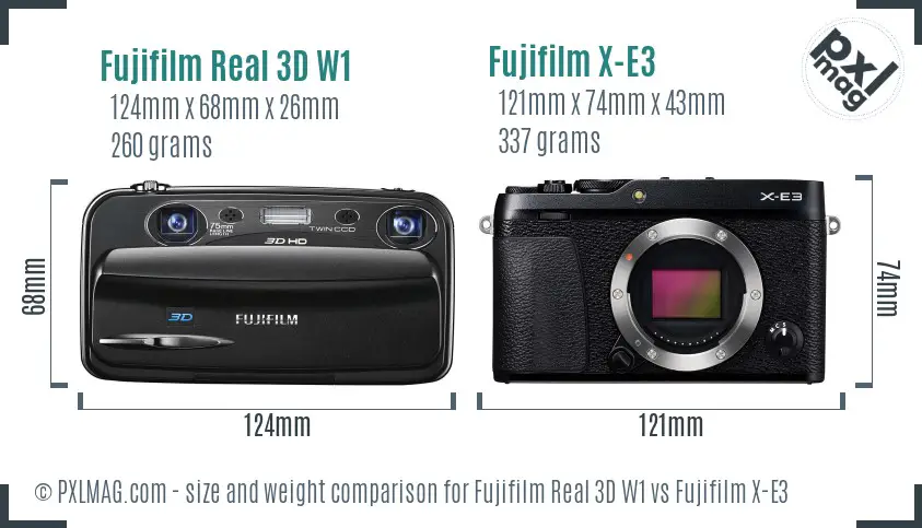 Fujifilm Real 3D W1 vs Fujifilm X-E3 size comparison
