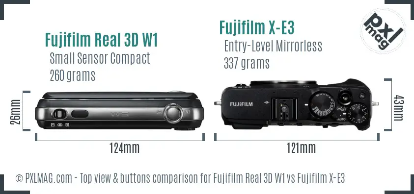 Fujifilm Real 3D W1 vs Fujifilm X-E3 top view buttons comparison