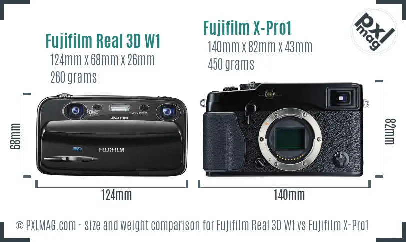 Fujifilm Real 3D W1 vs Fujifilm X-Pro1 size comparison