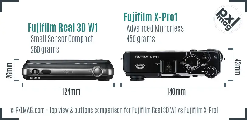 Fujifilm Real 3D W1 vs Fujifilm X-Pro1 top view buttons comparison