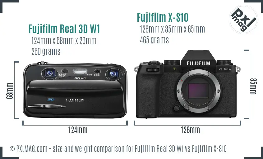 Fujifilm Real 3D W1 vs Fujifilm X-S10 size comparison