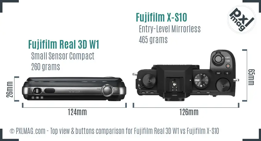 Fujifilm Real 3D W1 vs Fujifilm X-S10 top view buttons comparison
