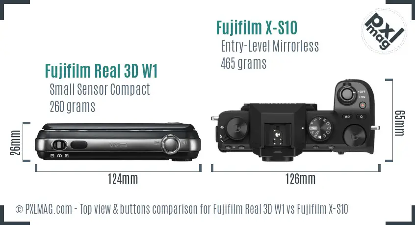 Fujifilm Real 3D W1 vs Fujifilm X-S10 top view buttons comparison Fujifilm Real 3D W1 vs Fujifilm X-S10 top view buttons comparison