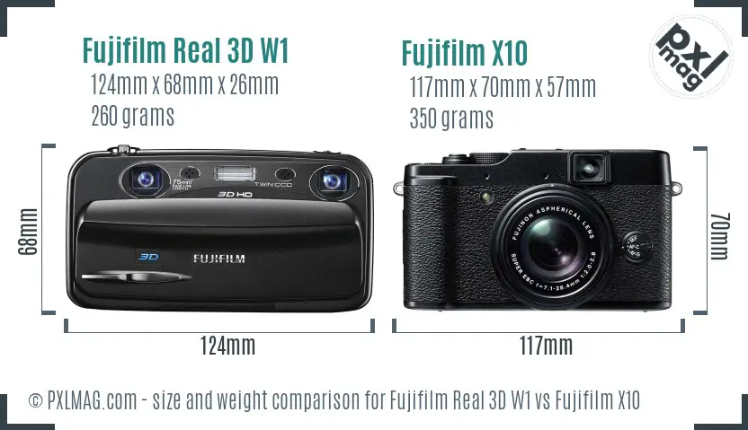 Fujifilm Real 3D W1 vs Fujifilm X10 size comparison