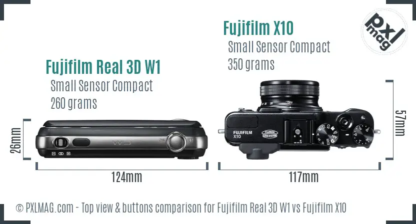 Fujifilm Real 3D W1 vs Fujifilm X10 top view buttons comparison