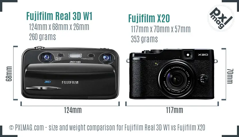 Fujifilm Real 3D W1 vs Fujifilm X20 size comparison