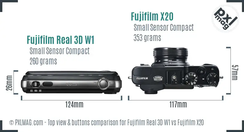 Fujifilm Real 3D W1 vs Fujifilm X20 top view buttons comparison