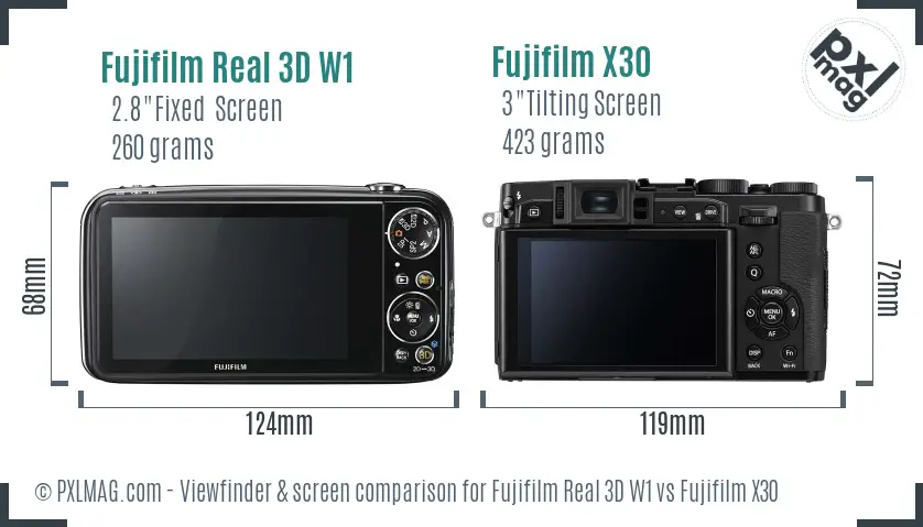 Fujifilm Real 3D W1 vs Fujifilm X30 Screen and Viewfinder comparison