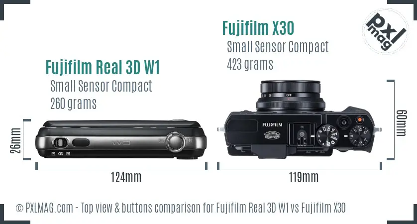 Fujifilm Real 3D W1 vs Fujifilm X30 top view buttons comparison
