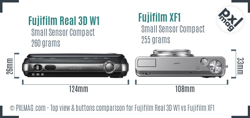 Fujifilm Real 3D W1 vs Fujifilm XF1 top view buttons comparison