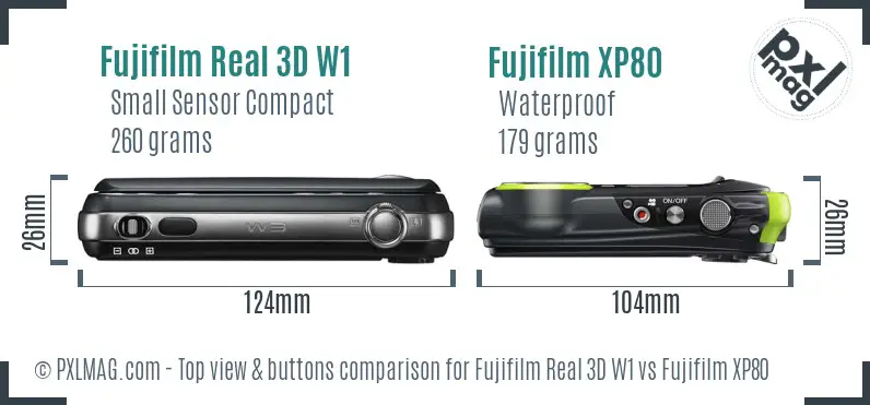 Fujifilm Real 3D W1 vs Fujifilm XP80 top view buttons comparison