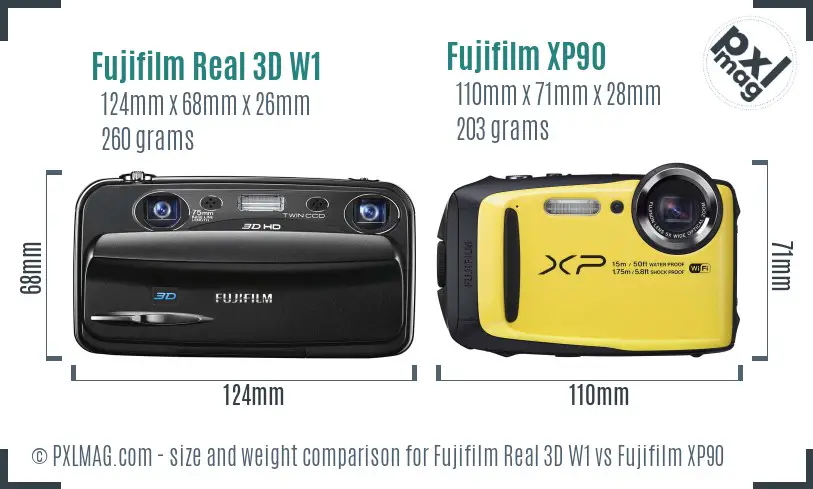Fujifilm Real 3D W1 vs Fujifilm XP90 size comparison