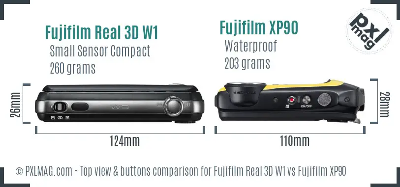Fujifilm Real 3D W1 vs Fujifilm XP90 top view buttons comparison