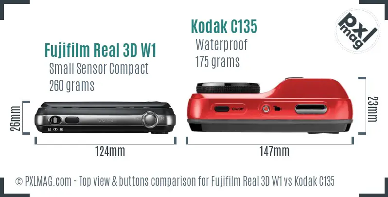 Fujifilm Real 3D W1 vs Kodak C135 top view buttons comparison