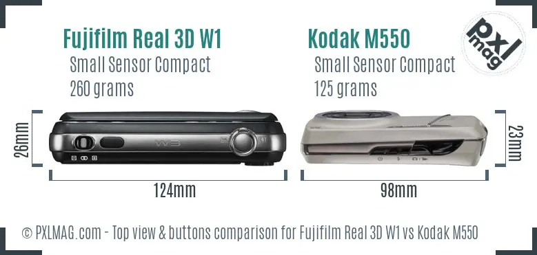 Fujifilm Real 3D W1 vs Kodak M550 top view buttons comparison Fujifilm Real 3D W1 vs Kodak M550 top view buttons comparison