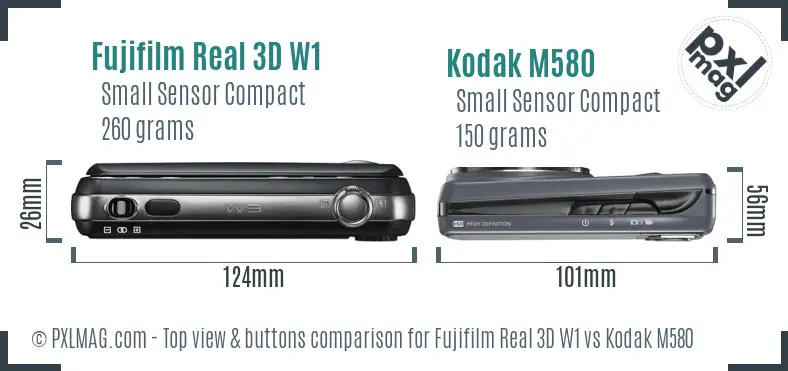 Fujifilm Real 3D W1 vs Kodak M580 top view buttons comparison